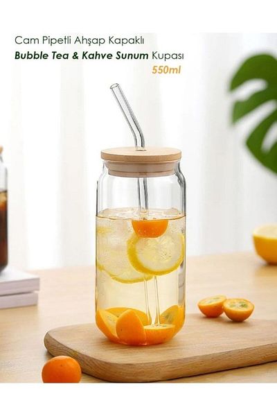 Viyalente Heat Resistant - Wooden Bubble Tea and Borosilicate Cup with Glass Straw Coffee Presentation