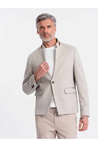 OMBRE Pánská melanžová bunda z umělého hedvábí se stojáčkem - béžová melanžová V3 OM-BLZB-0131 XXL