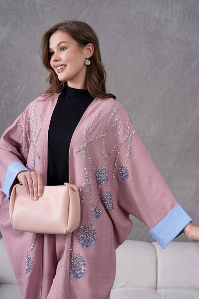 Miss Allos Women's Front Sequin Sequin Embroidered Stone and Pearl Detailed Linen Kimono and Trousers Bottom Top Set