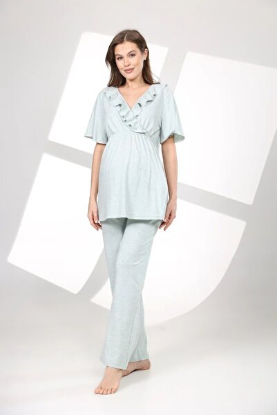 Pelin Kadın Kruvaze Yaka Su Yeşili Emzirme Özellikli Sabahlıklı Lohusa Hamile 3'lü Pijama Takımı