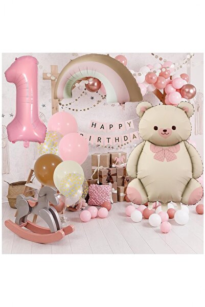 BİDOLUMUTLULUK Lüks Pembe Ayı Balon Retro Doğum Günü Gökkuşağı Balonlu Yaş Ra...