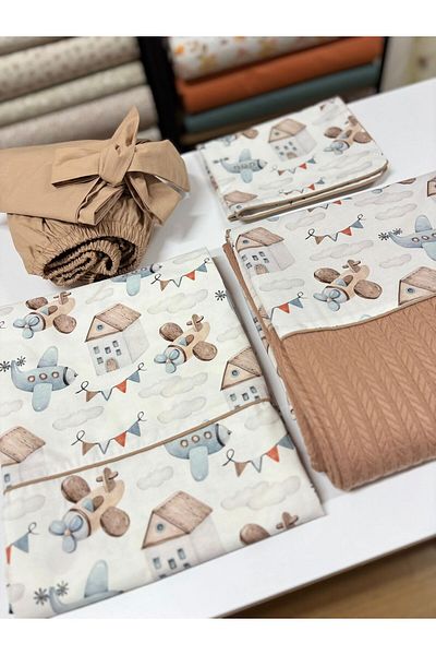 GAYE EV TEKSTİLİ Airplane Patterned Single Person ̇K ̇K Pi ̇K Quilt Set - 100% Cotton, Oeko-Tex Serti ̇Fi ̇Kali