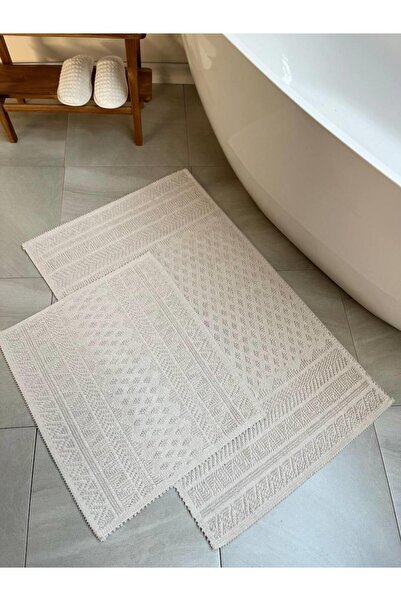 Bluenity Ecru Color Natural Cotton Bath Mat Set of 2 - 60X100+50X60 cm