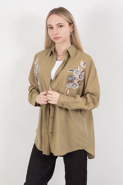 GİYSA Cămașă de damă de culoare kaki - brodate cu paiete, mânecă lungă - 25728