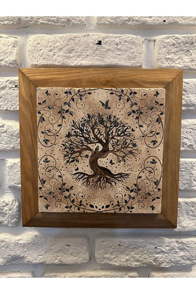 woodhomeworks Δέντρο της ζωής με μασίφ πλαίσιο Φυσική πέτρα μάρμαρο Πίνακας 26x26 cm