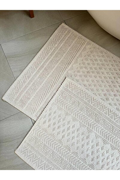 Bluenity Ecru Color Natural Cotton Bath Mat Set of 2 - 60X100+50X60 cm