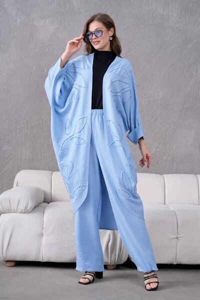 Miss Allos Women's Front Sequin Sequin Embroidered Linen Kimono and Pants Bottom Top Suit