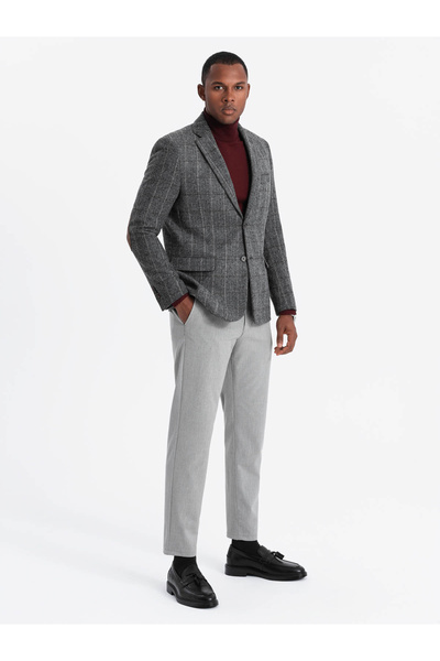 OMBRE Elegantní pánský kostkovaný sako s vlněnou směsí - šedý V1 OM-BLZB-0137 L