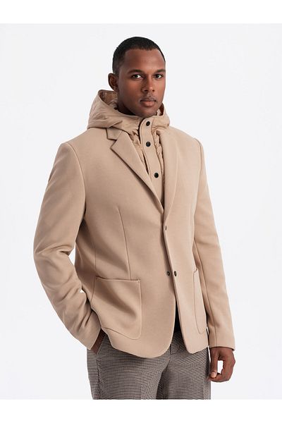 OMBRE Herrenjacke mit hohem Kragen und Kapuze - hellbraun V1 OM-BLZB-0133 XL