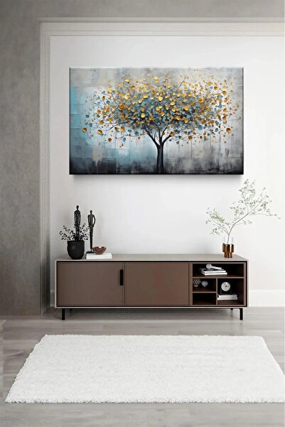 AR AJANS KANVAS TABLO Hayat Ağacı Altın Yapraklı Dekoratif kanvas TABLO
