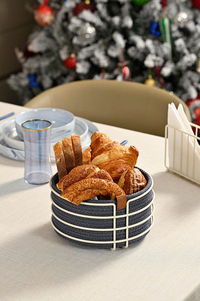 Edora Home Beige Round Bread Basket - Stylish Blue Wicker Knitted, Macrame, Multi-Purpose Metal Stainless