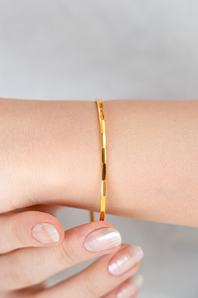 Black Sea Port 925 Ayar Gümüş Üzeri 22 Ayar Altın Kaplama Kesik Çizgi Ajda Bilezik