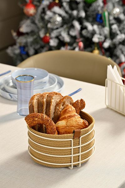 Edora Home Beige Round Bread Basket - Stylish Coffee Color Wicker Knitted, Macrame-Multi-Purpose Metal Stainless