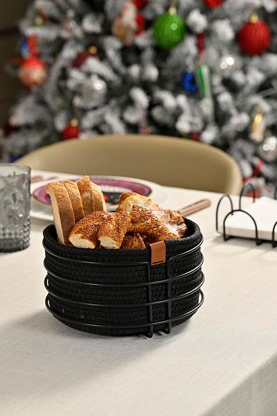 Edora Home Black Mat Round Bread Basket - Wicker Knitted, Macrame, Multi-Purpose Metal Stainless