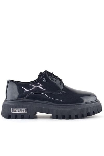 Rakerplus Black Patent Leather Lace-up Oxford Casual Shoes with Metal Detail