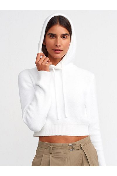 Dilvin 10486 DİLVİN Pulover crop cu glugă cu textura moale