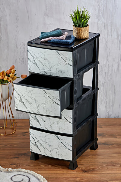 Homie 4 Katlı Çekmeceli Baskılı Mermer Desenli Kapaklı Plastik Komidin - Sebzelik - Çekmece No:1