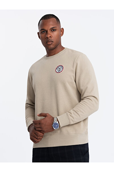 OMBRE Pánská nestrečová mikina s nášivkou v vysokoškolském stylu - písková V3 OM-SSNZ-0134 M