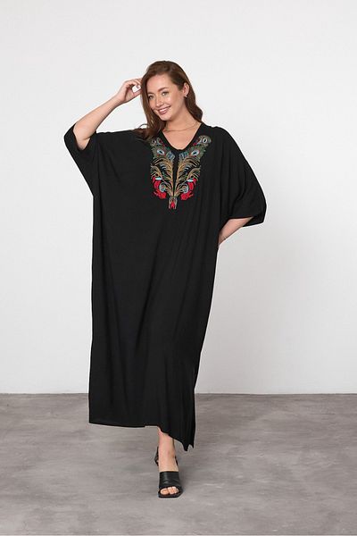 AYASOFYA OTANTIK Rochie neagră de damă, cu decolteu în V, cu broderie, cu detalii supradimensionate