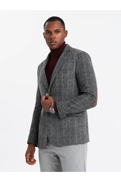 OMBRE Elegantní pánský kostkovaný sako s vlněnou směsí - šedý V1 OM-BLZB-0137 L