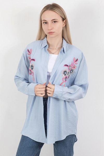 GİYSA Cămașă pentru femei cu broderie cu paiete albastre, mânecă lungă - 25728