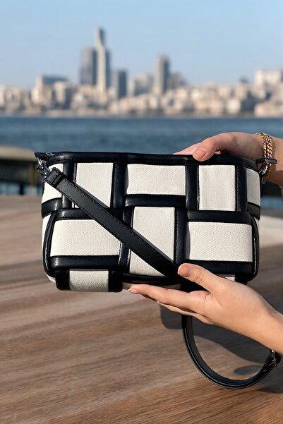 Katusa Women's Canvas Knitted Detailed Black-Cream Hand and Shoulder Bag