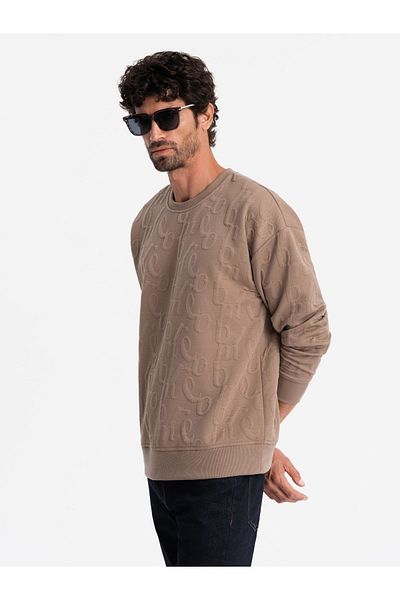 OMBRE Pánská mikina RELAXED FIT s vyraženými písmeny - hnědá V3 OM-SSNZ-0164 M
