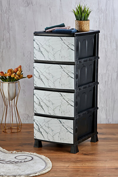 Homie 4 Katlı Çekmeceli Baskılı Mermer Desenli Kapaklı Plastik Komidin - Sebzelik - Çekmece No:1