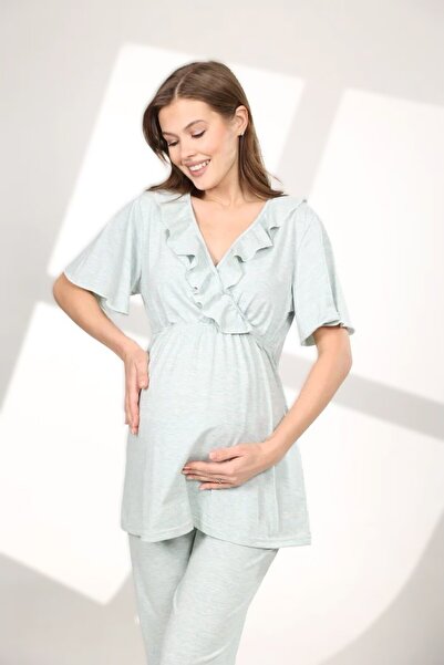 Pelin Kadın Kruvaze Yaka Su Yeşili Emzirme Özellikli Sabahlıklı Lohusa Hamile 3'lü Pijama Takımı