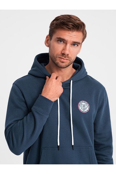 OMBRE Hanorac cangur pentru bărbați cu glugă și plasture în stil colegiu - bleumarin V2 OM-SSNZ-0144 XXL