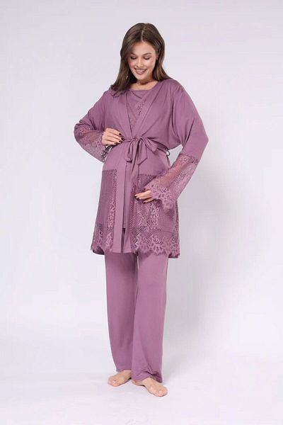 Pelin Women's Double Breasted Lapel Plum Hidden Breastfeeding Featured Maternity Pregnant 3-Piece Pajamas Set