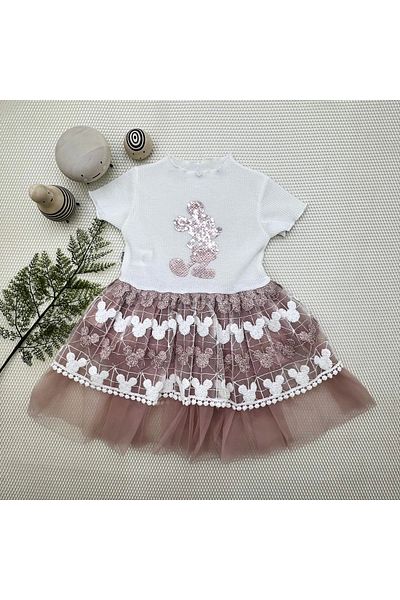 Ecenaz 1-2-3 Years Old Sequined Mickey Printed Brode Skirt Baby Girl Dress Rose Dried
