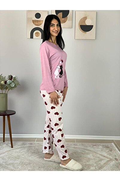 YusGos Women's Cat Motif Heart Pattern Pajamas Set (Pink-White)
