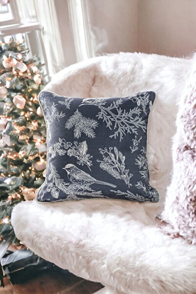ASDİVA New Year Christmas Themed Gray Kokina Pine Cardinal Bird Patterned Gray Piped Throw Pillow Cover - Anthracite