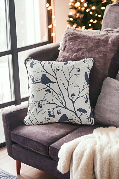 ASDİVA New Year's Christmas Themed Anthracite Cardinal Bird Patterned Anthracite Piped Decorative Throw Pillow Cover - Gray