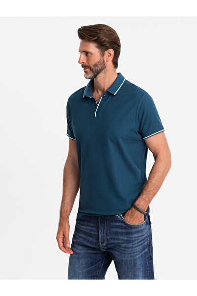 OMBRE Pánská piké pletená polokošile bez knoflíků - tmavě modrá V3 OM-POSS-0110 M