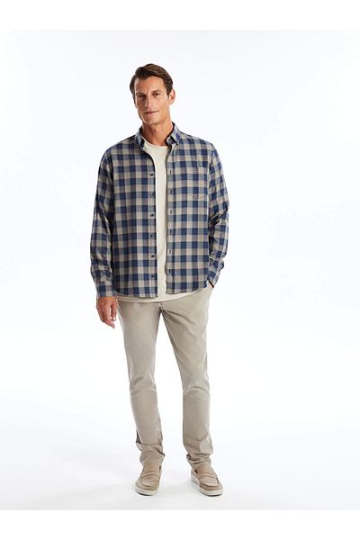 LC Waikiki Lcwaıkı Classic Beige Regular Fit Long Sleeve Plaid Gabardine Men's Shirt