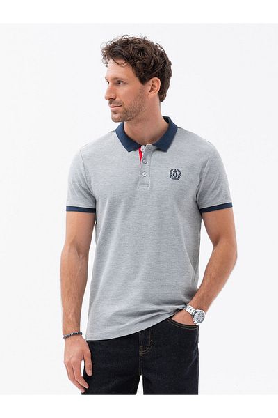 OMBRE Pánské polo triko s barevnými akcenty - šedá melanž V1 OM-POSS-0105 XXL