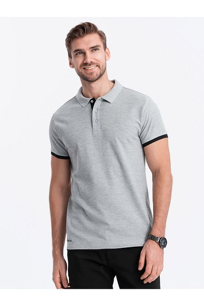 OMBRE Pánské bavlněné polo triko s kontrastním lemem - šedá V7 OM-POSS-0113 XL