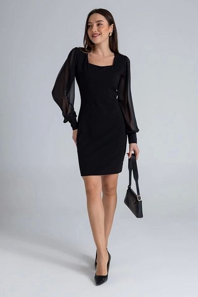 Butik Women's Square Collar Sleeves Tulle Sandy Fabric Deal Product Mini Black Dress