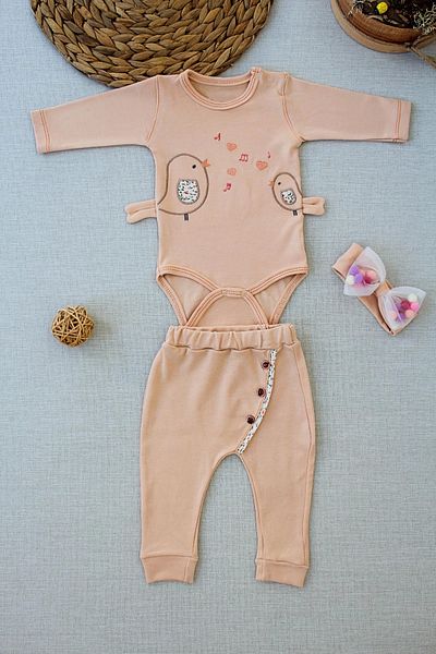 Ecenaz 3-6 6-9 9-12 Months Singer Birds Embroidered Bandana Long Sleeve Bodysuit 3 Piece Baby Girl Set Wheat