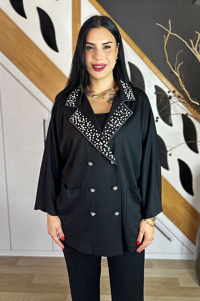 GÖKSEL Large Size Suit with Stone Detailed Jacket - Black