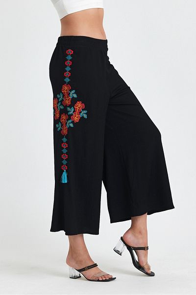 AYASOFYA OTANTIK Women's Black Floral Embroidery Embroidered Elastic Waist Pants