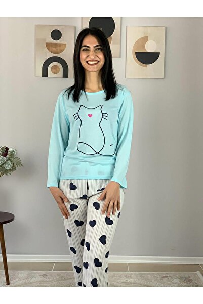 YusGos Women's Cat Motif Heart Pattern Pajamas Set (Blue-White)