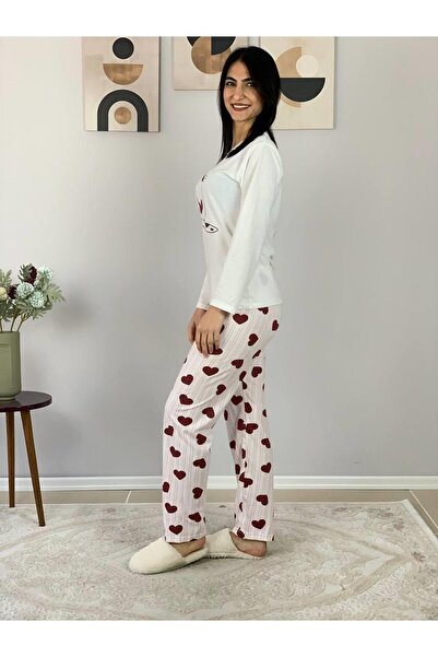 YusGos Women's Cat Motif Heart Patterned Pajamas Set (Burgundy-White)