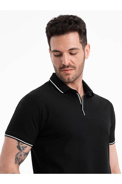 OMBRE Pánská piké pletená polokošile bez knoflíků - černá V2 OM-POSS-0110 XL