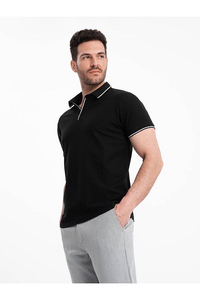OMBRE Pánská piké pletená polokošile bez knoflíků - černá V2 OM-POSS-0110 XL