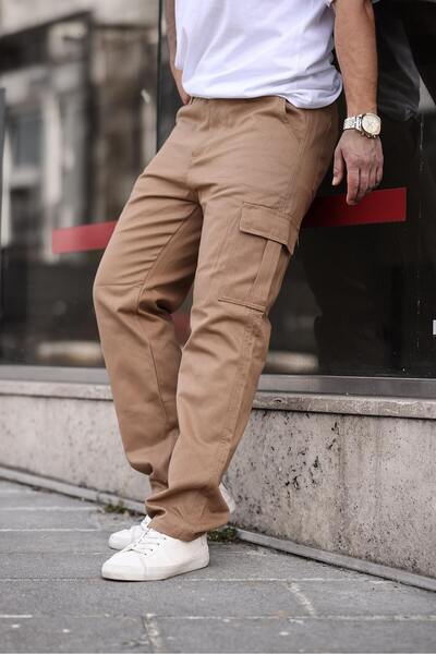 comstar Erkek Bol Paça Kargo Cep Basic Camel Baggy Pantolon