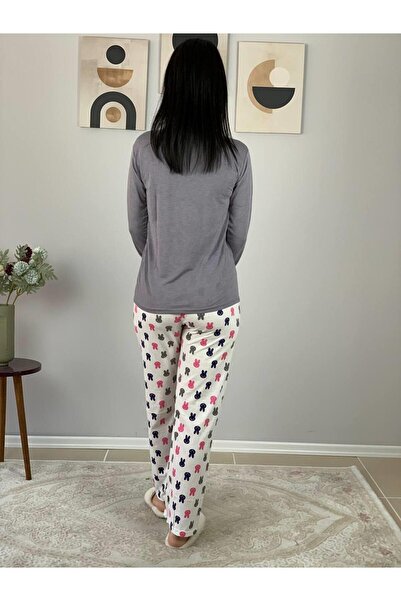 YusGos Women's Rabbit Patterned Pajama Set (Grey-White)
