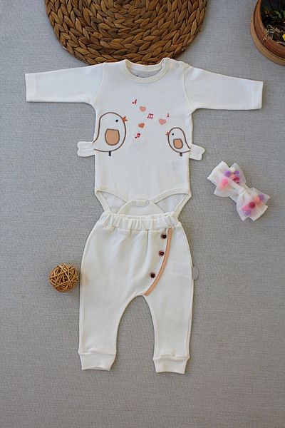 Ecenaz 3-6 6-9 9-12 Months Singer Birds Embroidered Bandana Long Sleeve Bodysuit 3 Piece Baby Girl Set Ecru